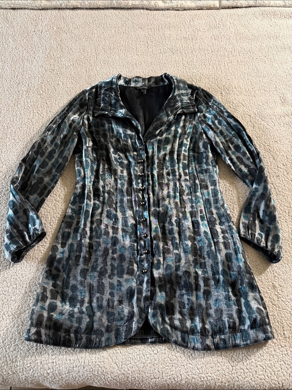 NIC+ZOE Teal and Gray Shimmer Button-Front Longline Shirt Medium